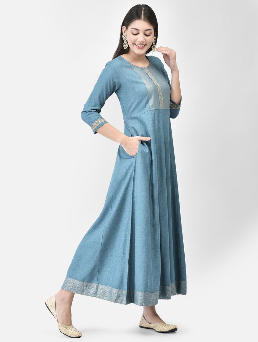 blue three quarter sleeve flared kurta - 20683374 - Standard Image - 3