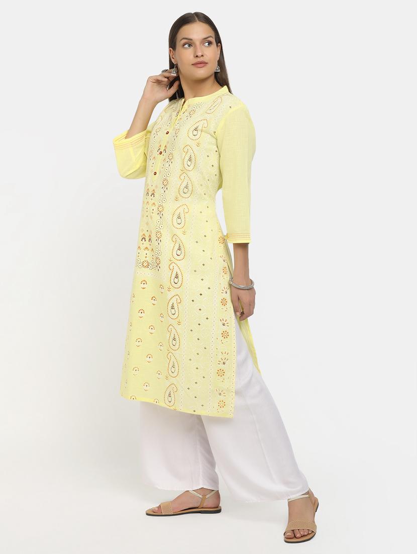 yellow three quarter sleeve straight kurta - 20685987 - Zoom Image - 1
