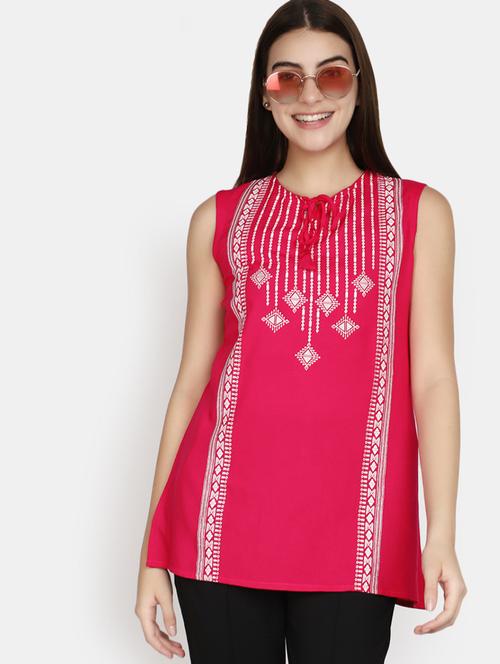 pink printed rayon short kurti - 20686022 - Very Small Image - 1