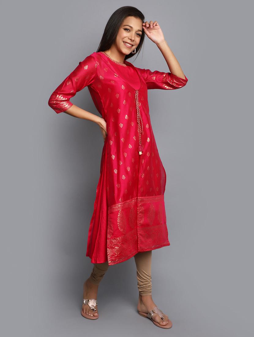 fuchsia three quarter sleeve layered kurta - 20686044 - Standard Image - 2