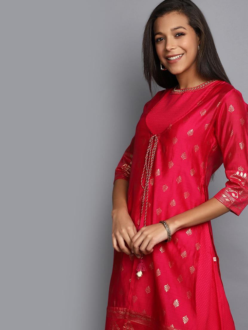 fuchsia three quarter sleeve layered kurta - 20686044 - Standard Image - 4