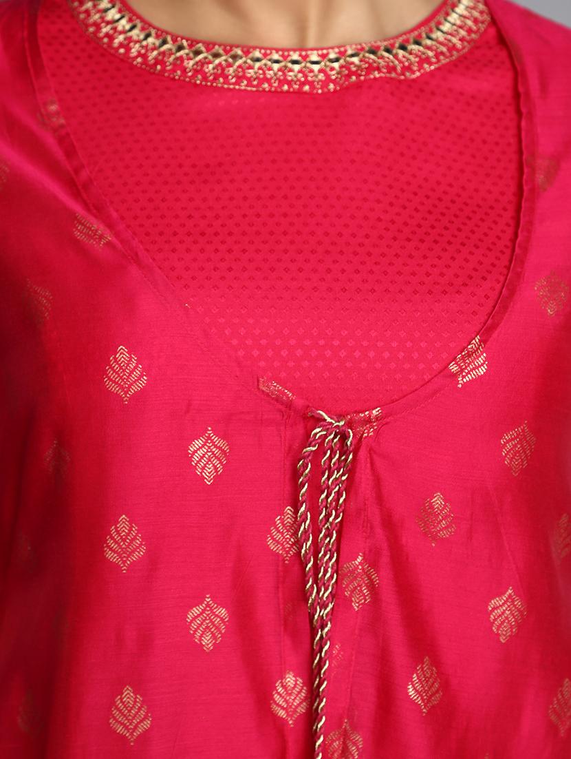 fuchsia three quarter sleeve layered kurta - 20686044 - Zoom Image - 5