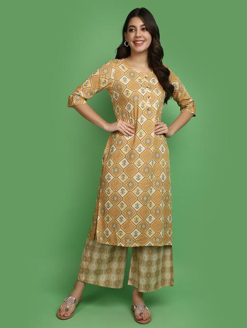 gold three quarter sleeve straight kurta - 20686069 - Very Small Image - 1