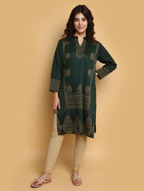 bottle green self design woolen kurta - 20686073 - Very Small Image - 1