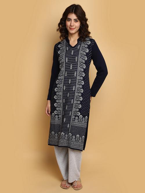 navy blue self design woolen kurta - 20686078 - Very Small Image - 1