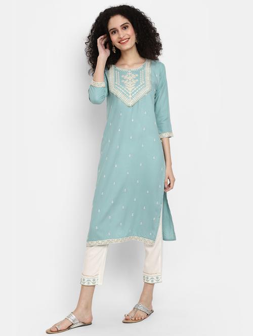women light blue round neck kurta pant set  - 20686091 - Very Small Image - 1