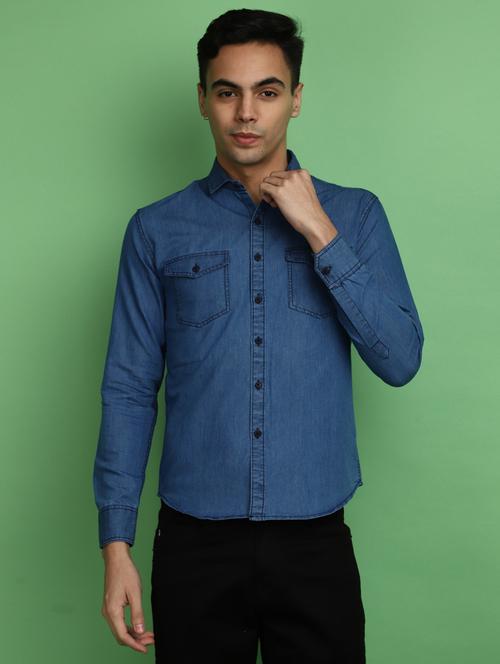 blue denim pocket detailed casual shirt - 20686242 - Very Small Image - 1