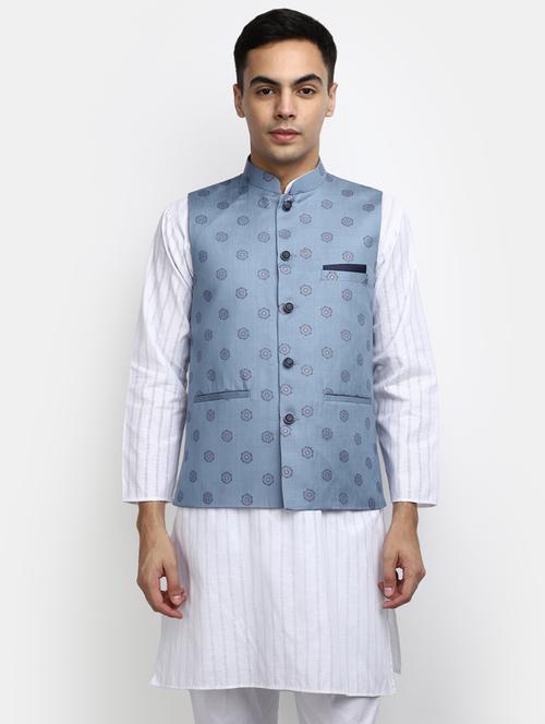 men blue printed mandarin neck nehru jacket - 20686293 - Very Small Image - 1