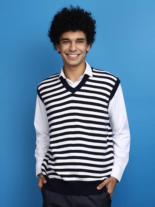 navy blue striped sleeveless v-neck pullover - 20686842 - Very Small Image - 1