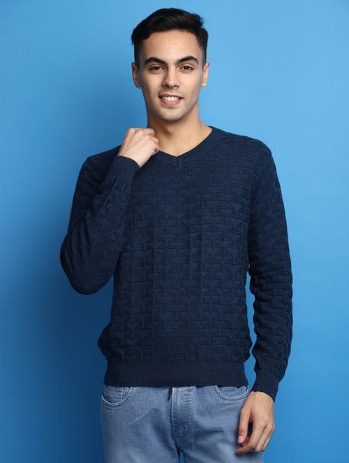 blue self design v-neck pullover - 20686847 - Very Small Image - 1