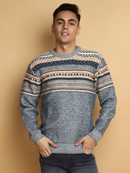 grey self design printed round neck pullover - 20686854 - Very Small Image - 1