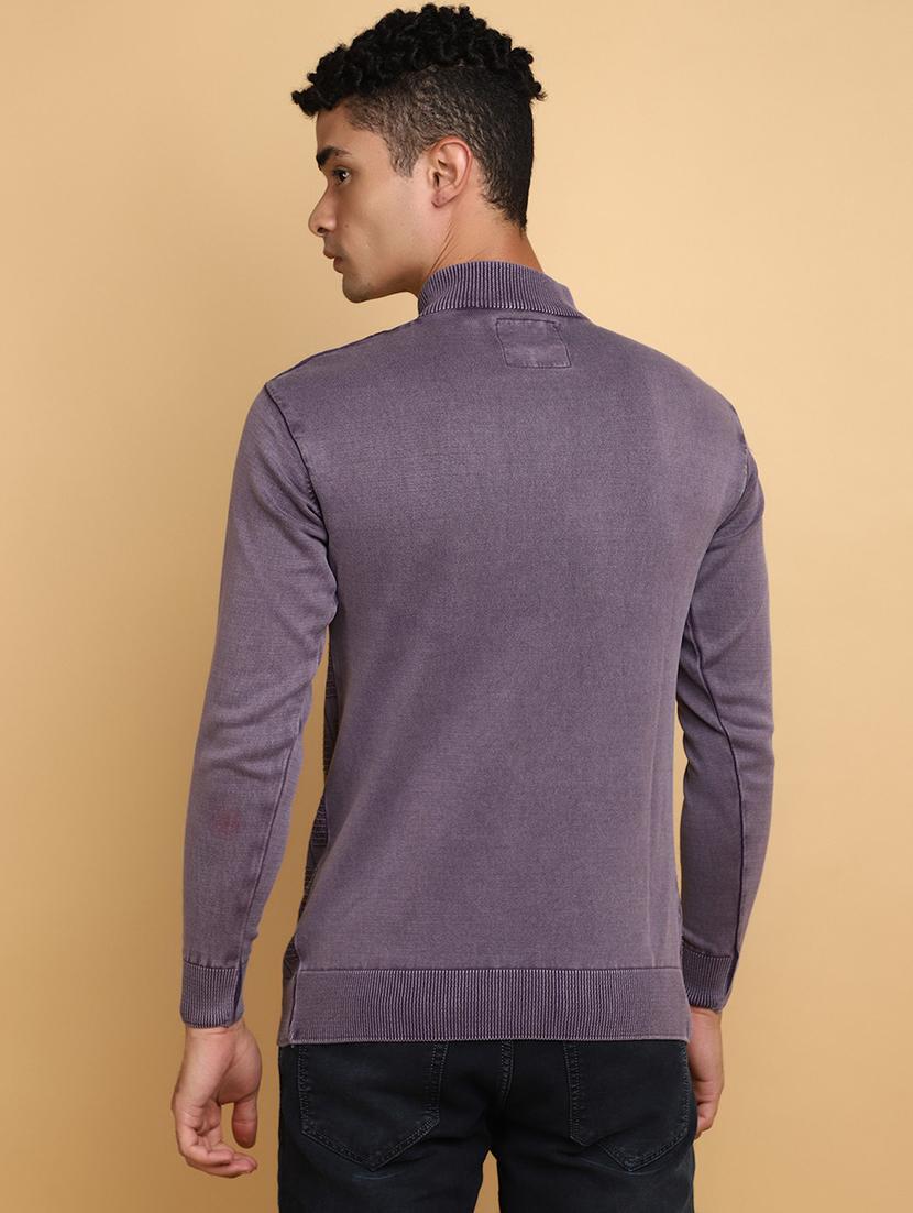 purple self design zip detailed pullover - 20686862 - Standard Image - 2
