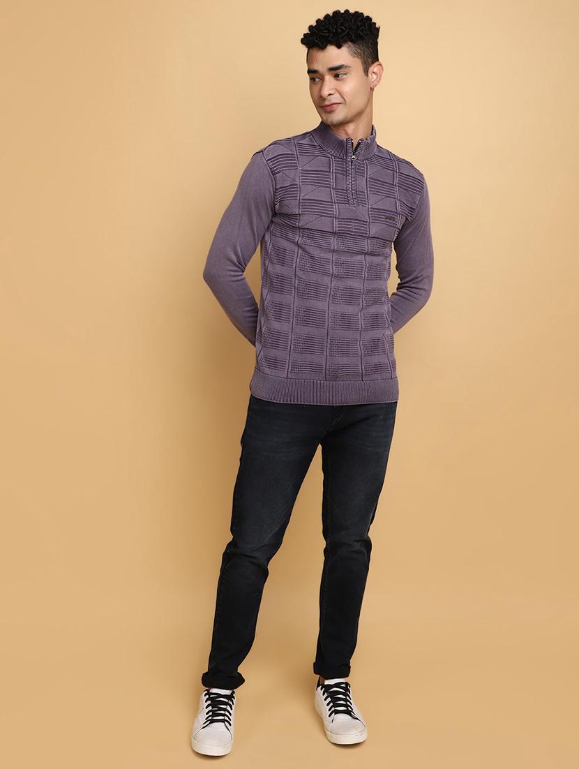 purple self design zip detailed pullover - 20686862 - Standard Image - 4