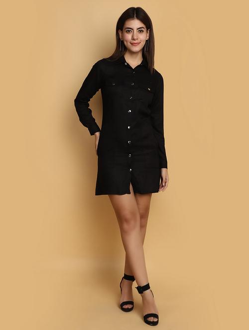 women black shirt collar straight dress - 20687422 - Very Small Image - 1