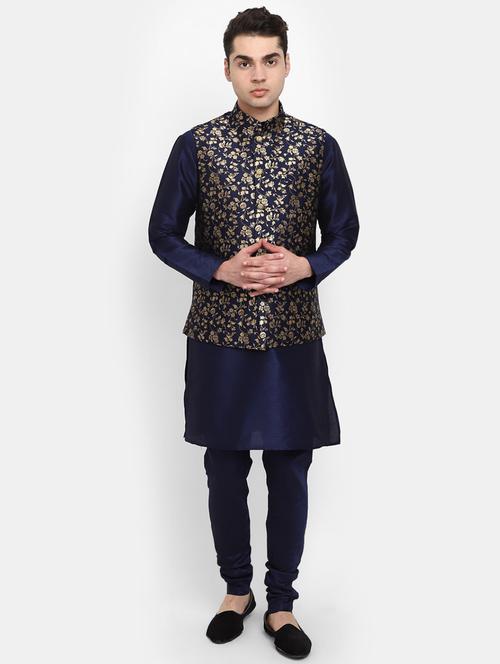 navy blue self design detailed kurta & pajama set - 20687480 - Very Small Image - 1