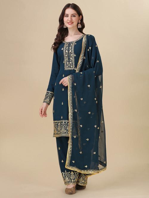 women blue semi-stitched palazzo suits - 20688322 - Very Small Image - 1