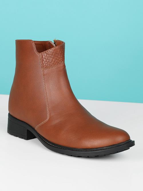 mid ankle tan slip-on boots with zipper for women - 20700035 - Very Small Image - 1