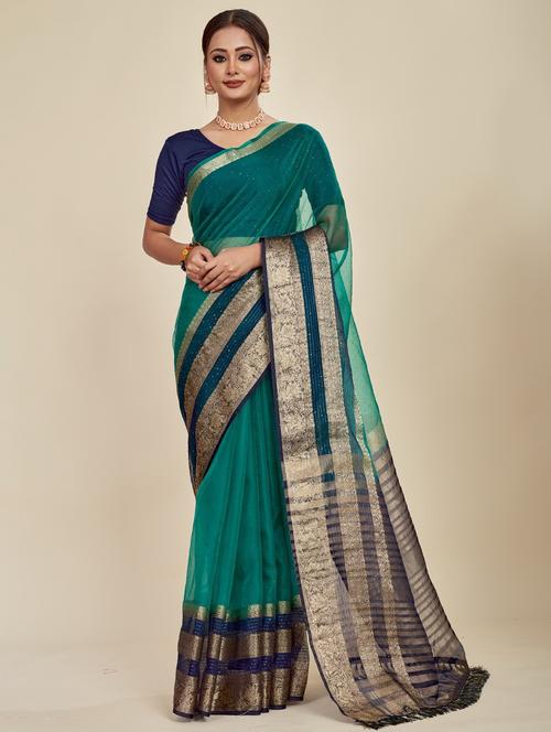 sea green solid with bordered saree with blouse - 20707212 - Very Small Image - 1
