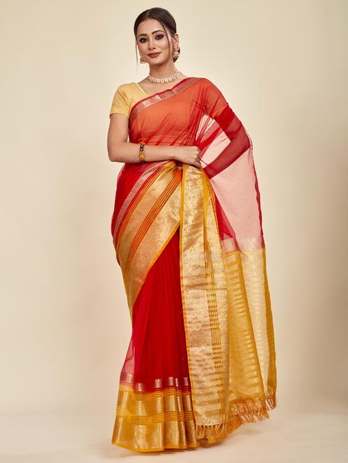 red solid with bordered saree with blouse - 20707213 - Very Small Image - 1