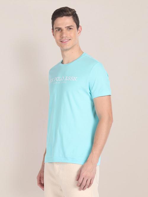 turquoise cotton blend chest print tshirt - 20720619 - Very Small Image - 1