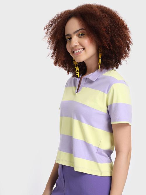 women lavender & yellow cotton striped t-shirt - 20722285 - Very Small Image - 1