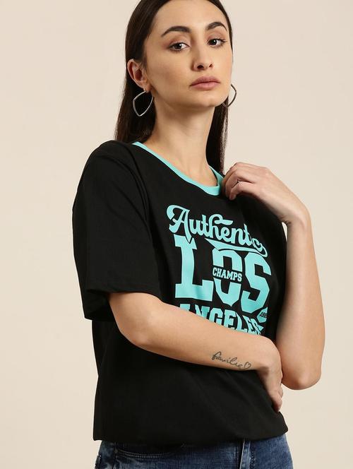 black front print detailed oversized round neck t-shirt - 20722637 - Very Small Image - 1