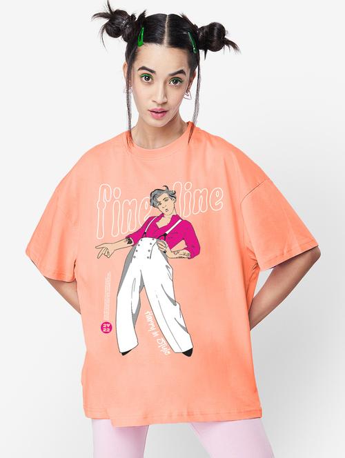 orange graphic print oversized round neck t-shirt - 20723016 - Very Small Image - 1