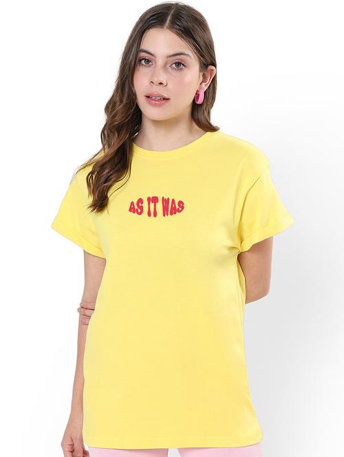 yellow typographic print round neck t-shirt - 20723191 - Very Small Image - 1