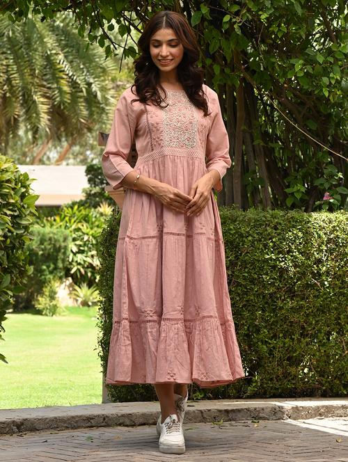 women peach embroidered tiered ethnic dress - 20726521 - Very Small Image - 1