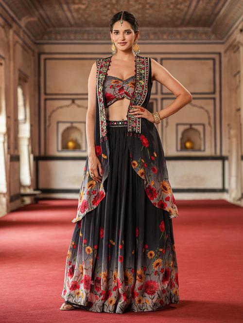 black flared stitched lehenga with jacket - 20727315 - Very Small Image - 1