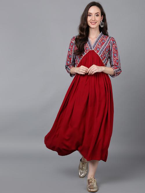 women printed v neck a-line dress - 20729396 - Very Small Image - 1