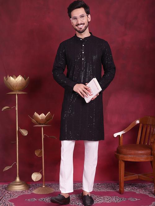 Men Solid With Work Mandarin Neck Kurta Pyjama Set - 20733163 - Very Small Image - 1
