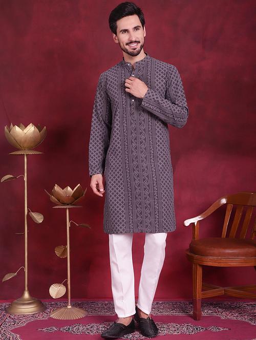 men embroidered mandarin neck long kurta - 20733205 - Very Small Image - 1