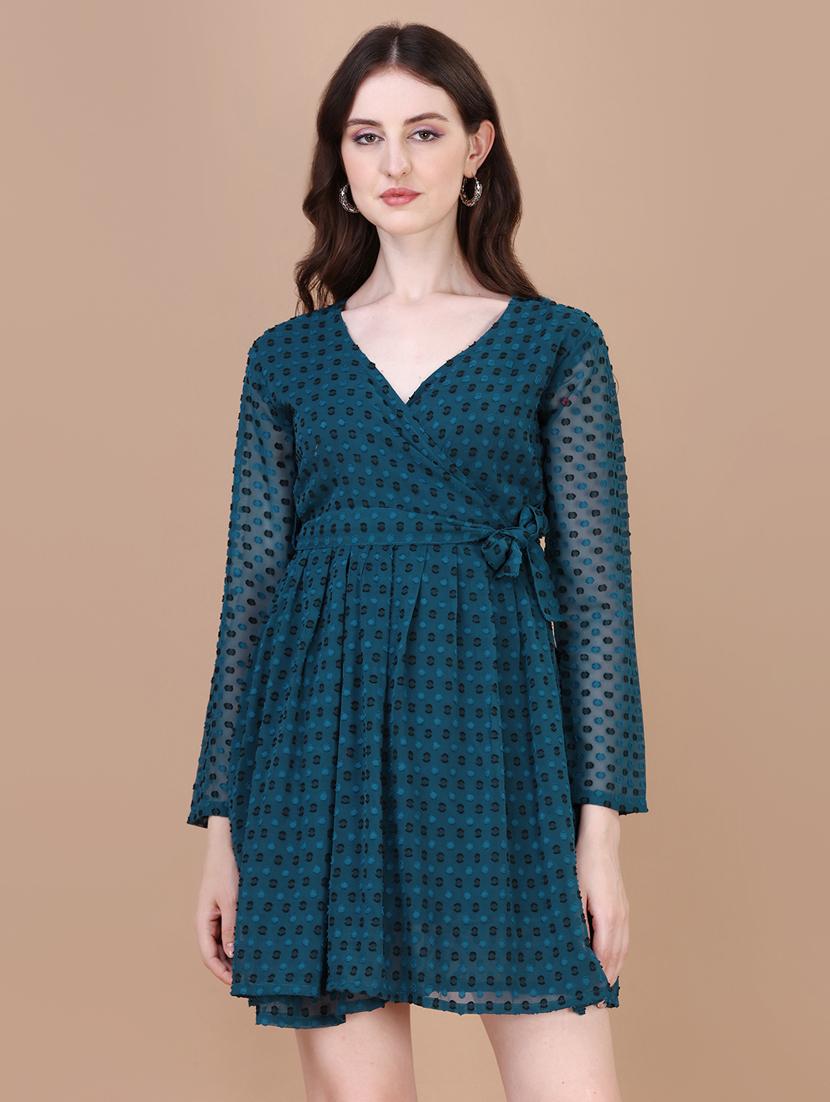 women teal long sleeve wrap dress - 20754572 - Standard Image - 4