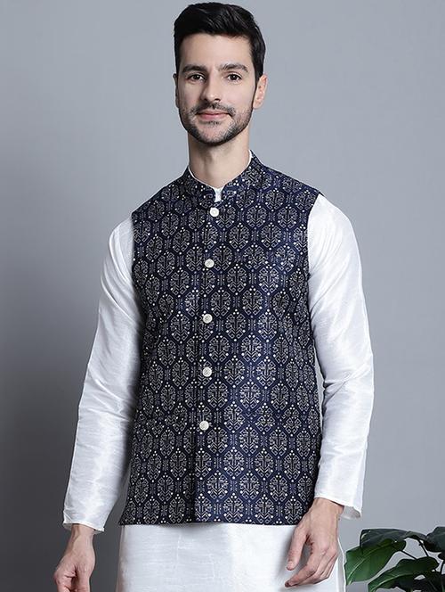 Navy Blue Self Design Nehru Jacket - 20755515 - Very Small Image - 1