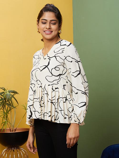 women cream abstract printed peplum top - 20755986 - Very Small Image - 1