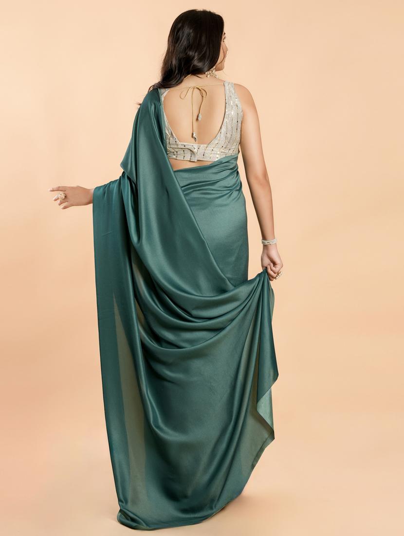 teal solid plain saree with blouse - 20757397 - Standard Image - 2