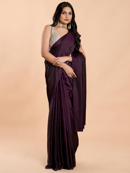 purple solid plain saree with blouse - 20757401 - Very Small Image - 1