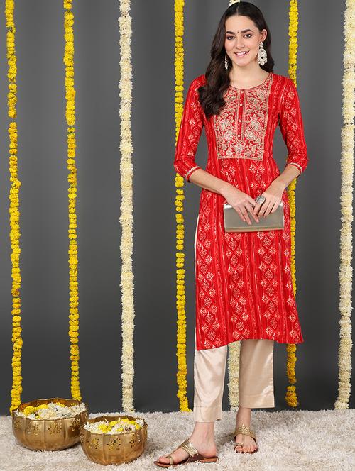 red printed straight kurta - 20795337 - Very Small Image - 1