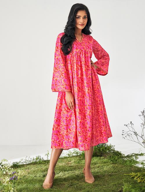 women pink printed v neck fit & flare dress - 20809190 - Very Small Image - 1