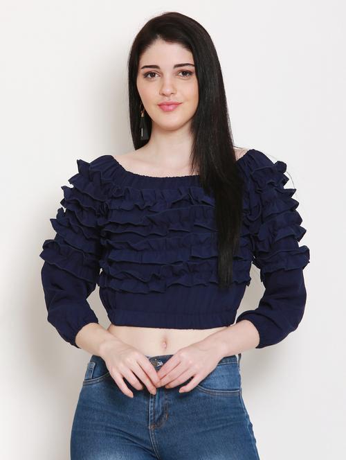 solid blue ruffle detailed crop top - 20811243 - Very Small Image - 1