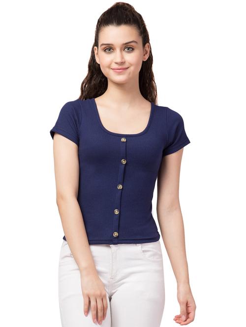 women blue solid round neck crop top - 20811340 - Very Small Image - 1