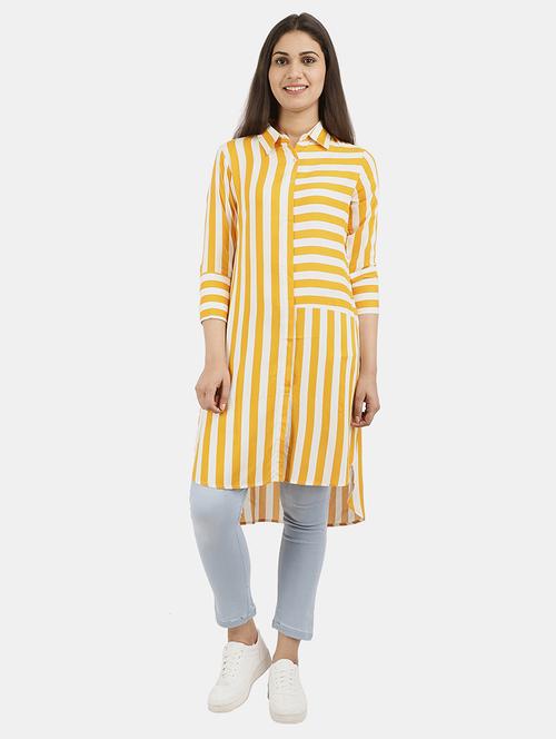 women yellow stripes printed high-low top - 20812419 - Very Small Image - 1