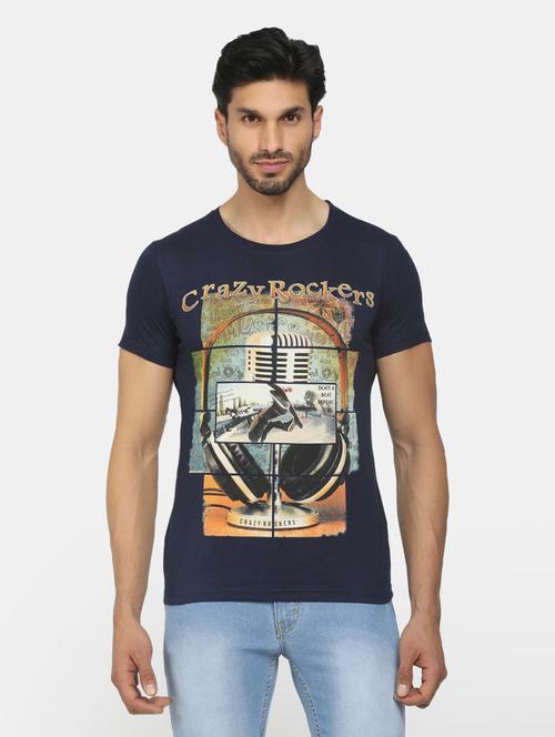 navy blue cotton front print t-shirt - 20814801 - Very Small Image - 1