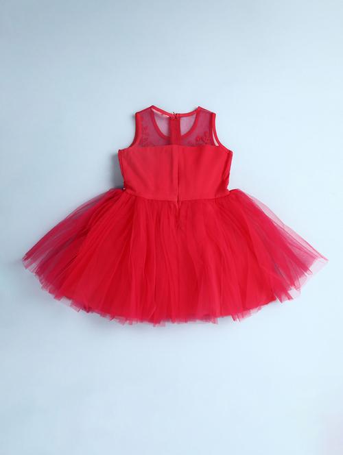 kids red self design detailed frock - 20815516 - Very Small Image - 1