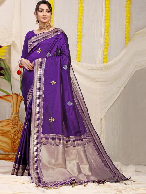 purple self design bordered saree with blouse - 20821224 - Very Small Image - 1