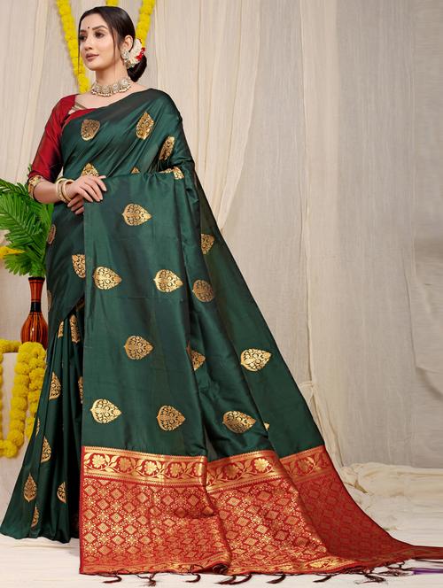 bottle green self design kanjivaram saree with blouse - 20821406 - Very Small Image - 1