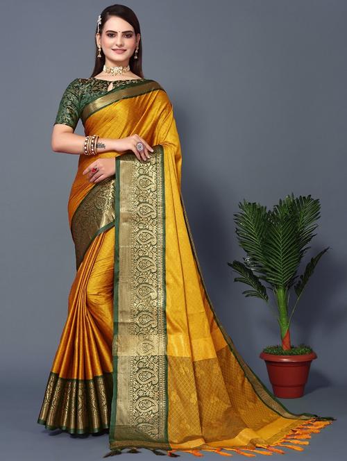 yellow self design bordered saree - 20821632 - Very Small Image - 1