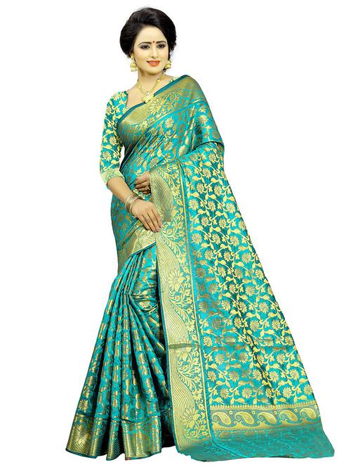 turquoise self design banarasi saree - 20821768 - Very Small Image - 1