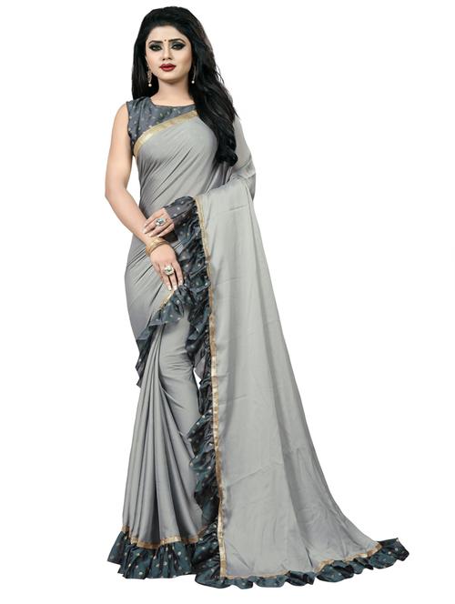 women grey solid ruffle lace work saree - 20823014 - Very Small Image - 1